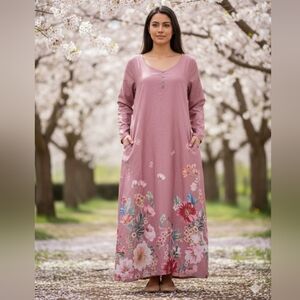 Women's NWOT Pink Floral Long Sleeve Maxi Dress w/ Pockets Size XL 🐈